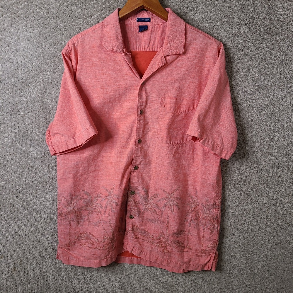 Falls Creek Shirt Mens L Salmon Pink Palm Tree Button Down Cotton Short Sleeve